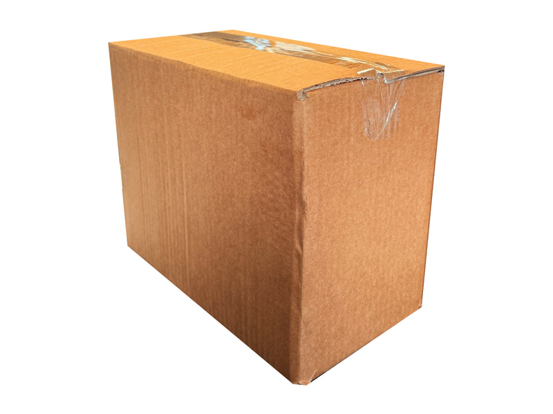 Brown cardboard box measuring 265mm x 130mm x 200mm with clear tape on a white background