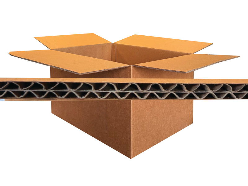 Open cardboard box with a focus on the corrugated structure on a white background