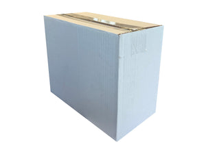 White rectangular box, tapes shut, on a white background