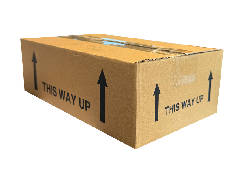 Cardboard box with 'This Way Up' text and arrows on a white background