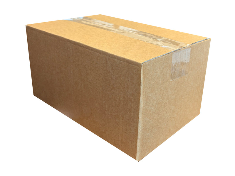 257mm x 175mm x 123mm cardboard box with tape on a white background