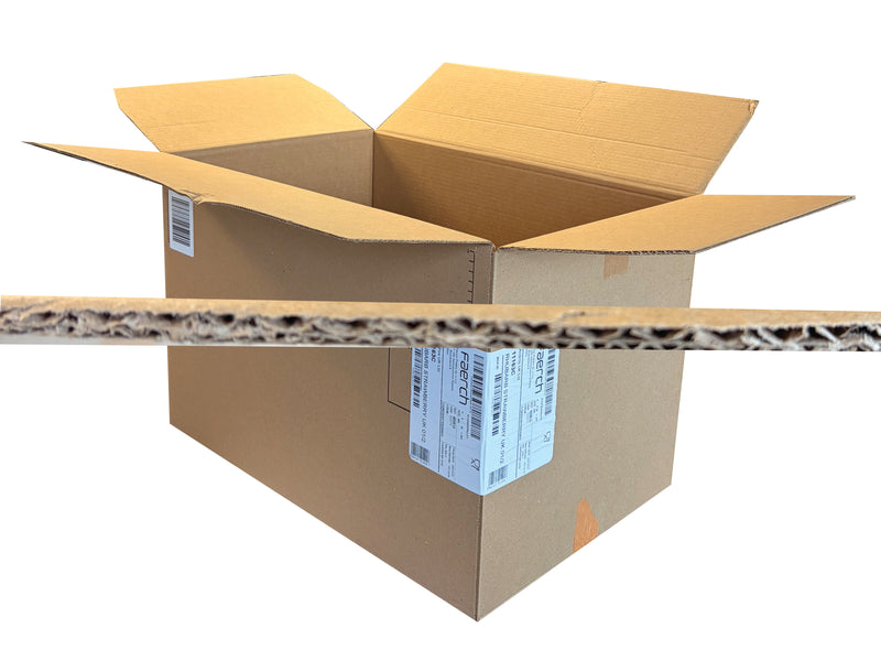 Open cardboard box with a label on a white background