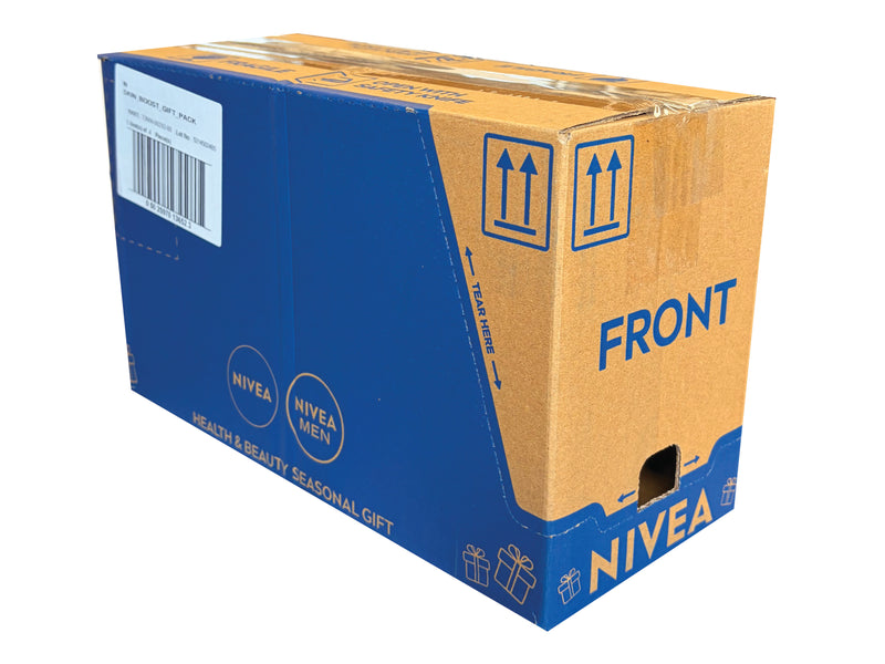 Nivea cardboard box with blue and brown colors on a white background