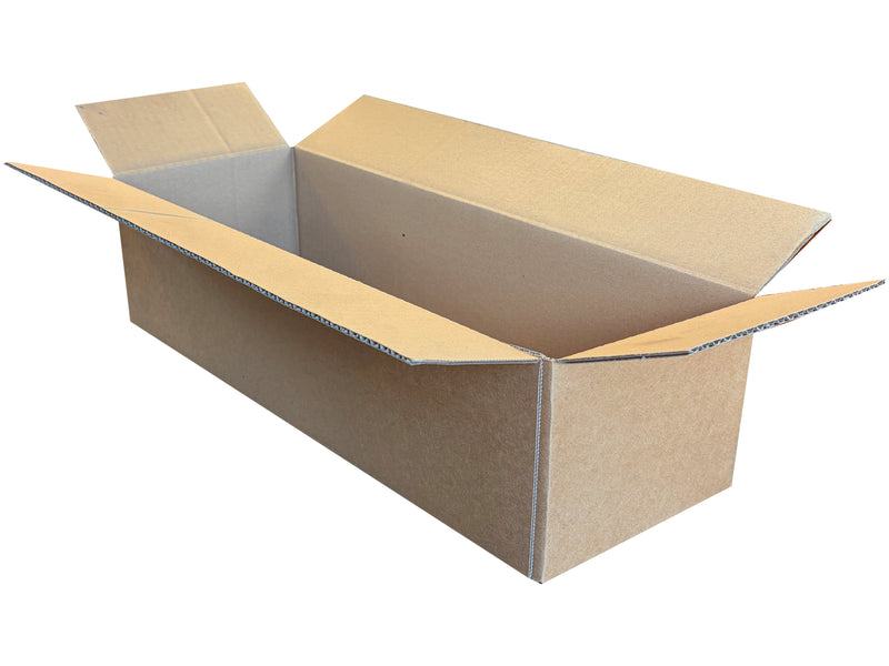 Oblong cardboard box measuring 480mm x 165mm x 125mm