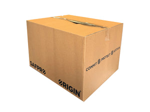 Cardboard box with 'SAFPRO' and 'ORIGIN' branding on a white background