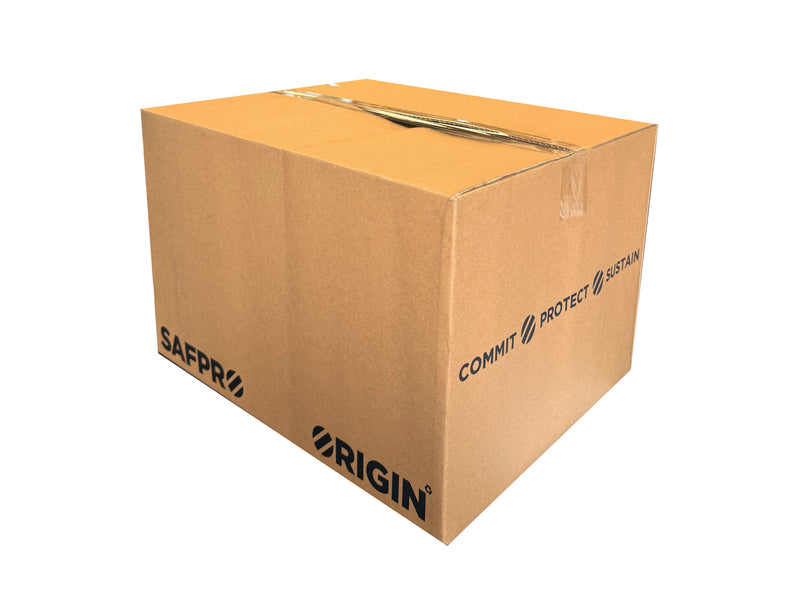 Cardboard box with 'SAFPRO' and 'ORIGIN' branding on a white background