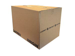 Cardboard box with 'Origin' branding on a white background