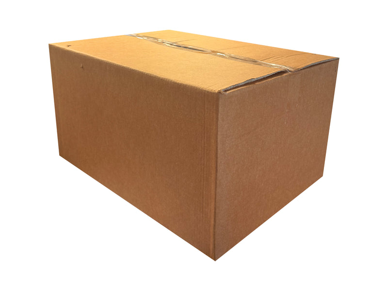 A heavy duty, 610mm x 450mm x 324mm cardboard box, closed shut. 