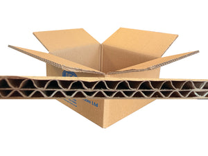 Open cardboard box with a corrugated inner layer on a white background