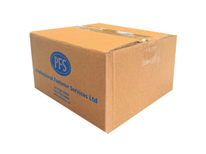 Cardboard box with PFS Professional Fastener Services Ltd logo on a white background