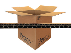 Cardboard box with 'Peony' branding on a white background