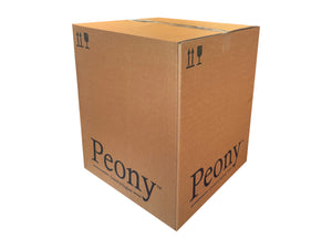 Cardboard box with 'Peony' branding on a white background