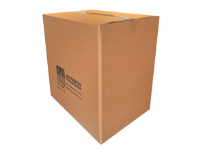 Brown cardboard box with a logo on a white background
