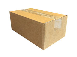 A 245mm x 140mm x 100mm sized cardboard box with tape on a white background