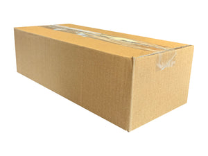 A closed cardboard box measuring 335mm x 140mm x 100mm