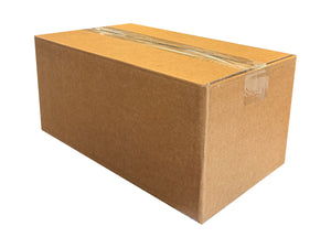 A brown box measuring 295mm x 170mm x 140mm, closed with clear Sellotape