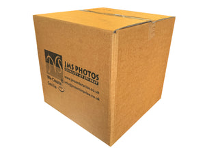Cardboard box with 'JMS Photos' branding on a white background