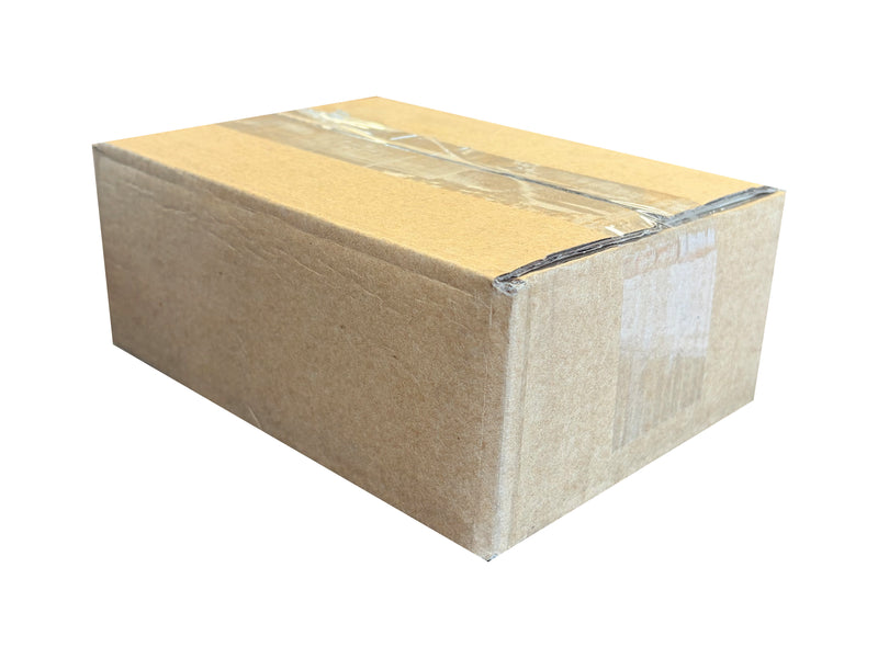 Cardboard box measuring 180mm x 130mm x 60mm with clear plastic tape on a white background