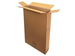 A tall, narrow cardboard box measuring 225mm x 65mm x 325mm