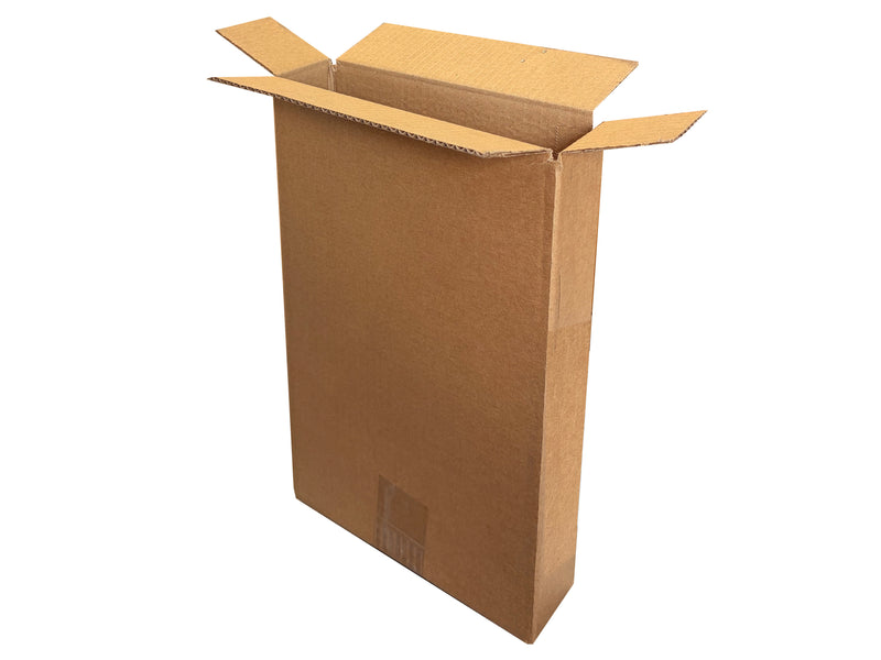 A tall, narrow cardboard box measuring 225mm x 65mm x 325mm