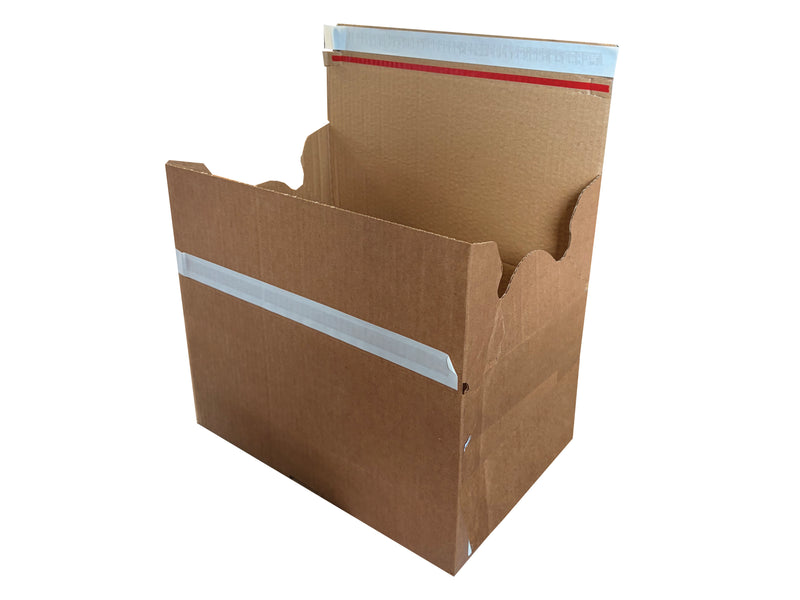 A self sealing 340mm x 225mm x 165mm cardboard box