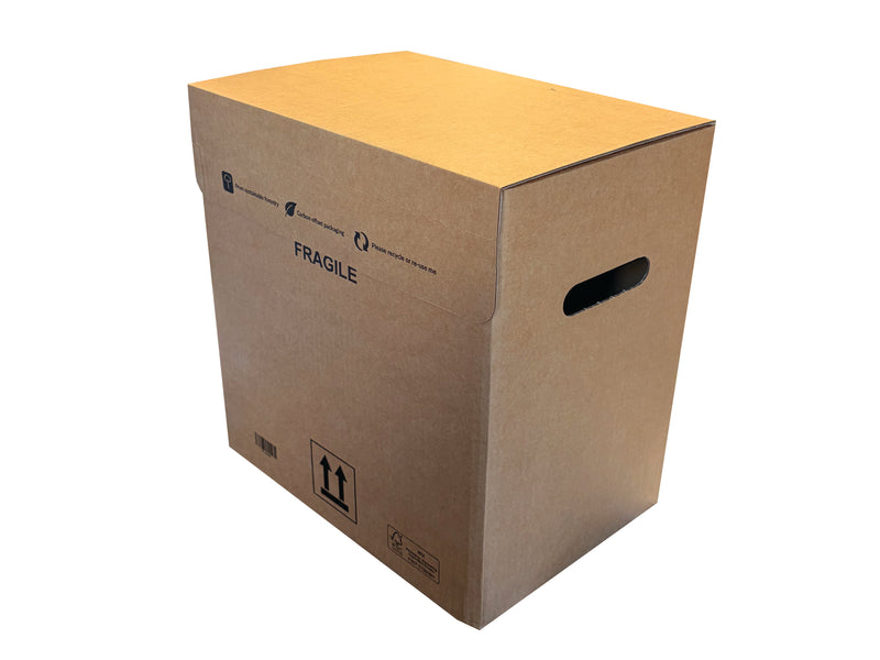 Cardboard box with yellow top and 'Fragile' label on a white background