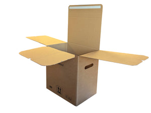 An opened 334mm x 229mm x 368mm cardboard box, with handholes