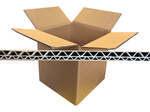 An open cardboard box with an image of the strong double wall corrugated flute