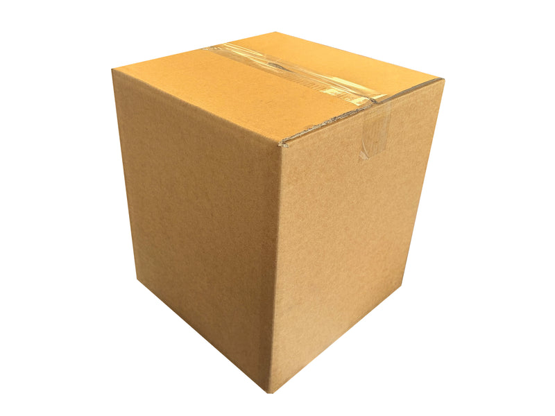 A closed 10x10x11 inch box, sealed with clear tape