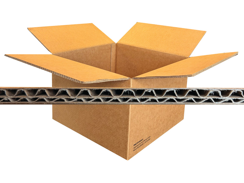 Open cardboard box with a focus on the corrugated structure on a white background