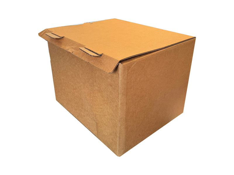 376mm x 319mm x 290mm box, closed with interlocking tabs