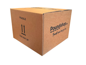 Cardboard box with Poundshop logo and 'Fragile' and 'This Way Up' labels on a white background