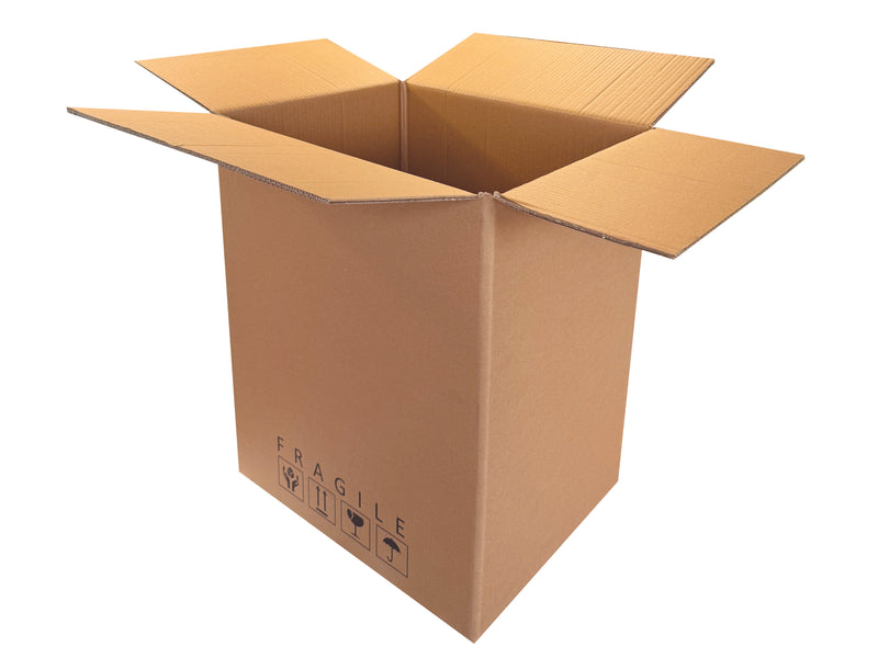Strong cardboard box with fragile printed on the panel