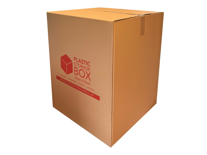 Cardboard storage box with 'Plastic Storage Box' branding on a white background