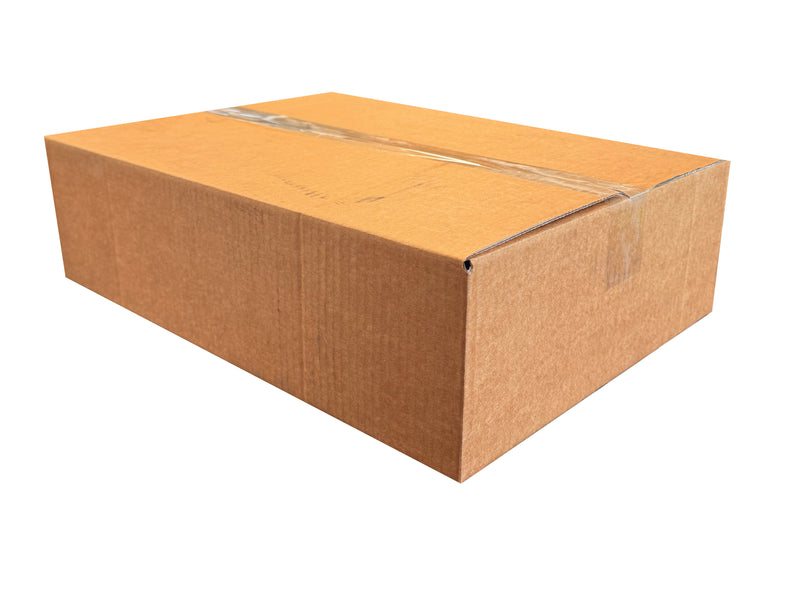 445mm x 325mm x 125mm Brown cardboard box with clear tape on a white background