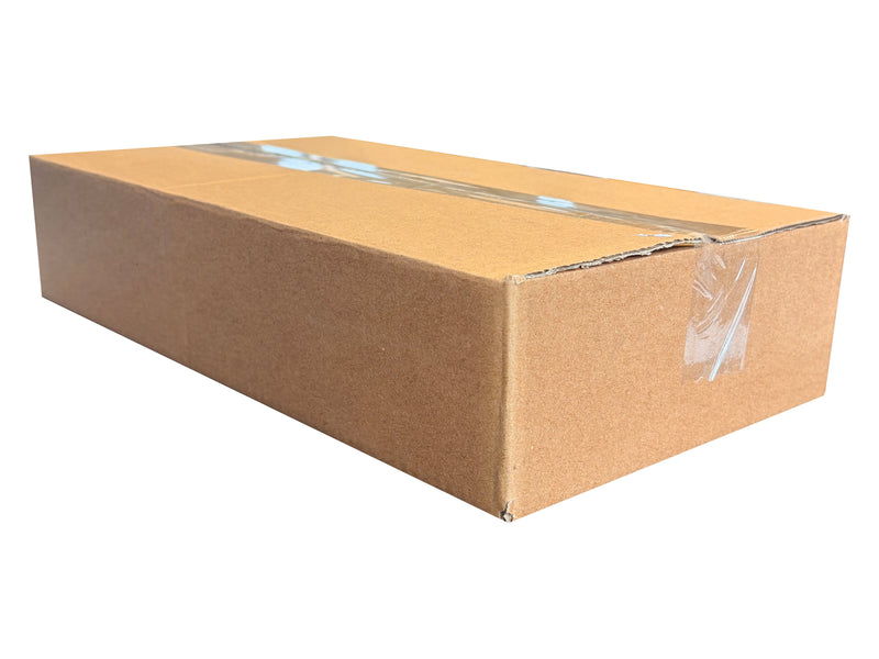 Cardboard box with clear plastic tape on a white background