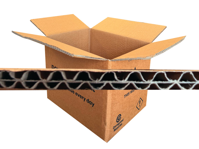 Cardboard box with corrugated interior and branding.