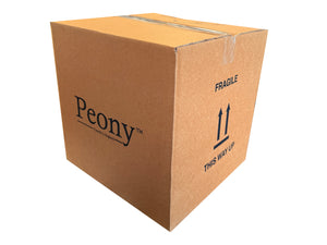 Cardboard box with 'Peony' branding and fragile handling instructions on a white background