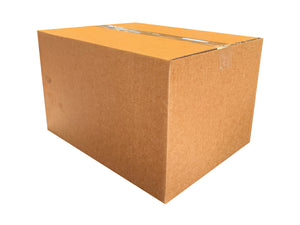 A plain box, measuring 390mm x 293mm x 217mm, closed with clear tape