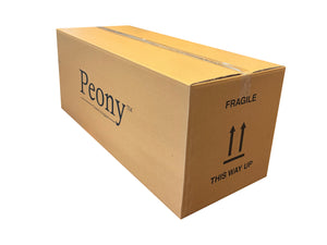 Cardboard box with 'Peony' branding and fragile handling instructions on a white background
