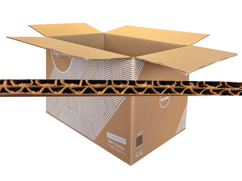 Open cardboard box with protective board structure on a white background