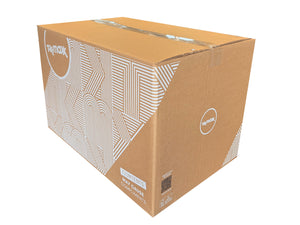 Brown cardboard box with white geometric patterns on a white background