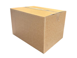 Brown cardboard box measuring  390mm x 297mm x 235mm with a white background