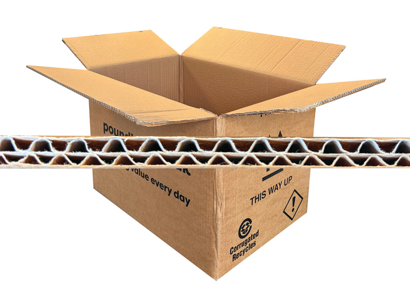 Cardboard boxes with 'Poundland' branding on a white background