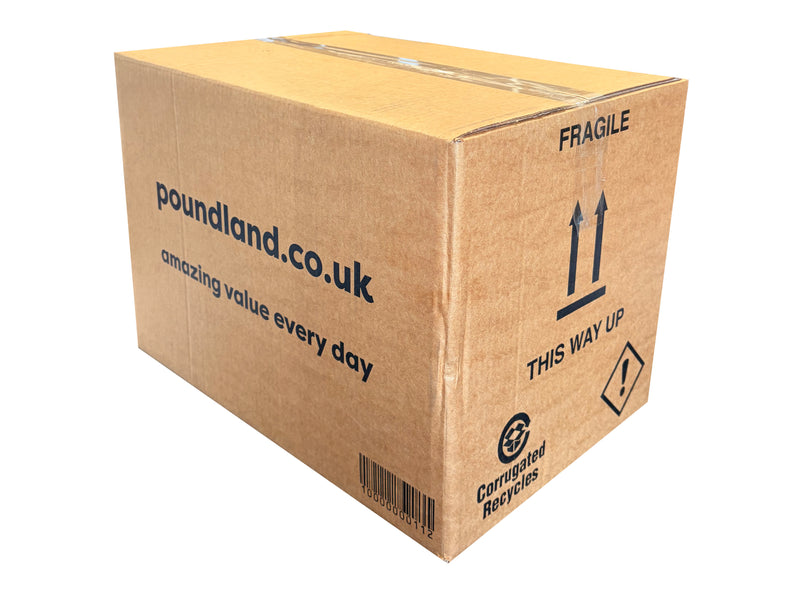 Cardboard box with Poundland.co.uk branding on a white background