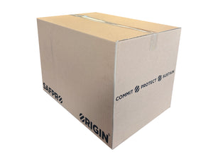 Cardboard box with 'SAFPRO', 'COMMIT PROTECT SUSTAIN', and 'ORIGIN' branding on a white background
