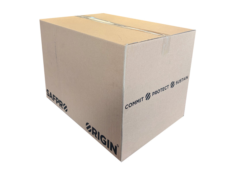Cardboard box with 'SAFPRO', 'COMMIT PROTECT SUSTAIN', and 'ORIGIN' branding on a white background