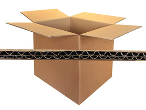 Cardboard box with a cross-section view showing the board corrugated fluting on a white background