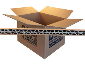 A brown corrugated cardboard box with its flaps open, shown on a white background with a close-up horizontal view of the inner honeycomb wave structure.