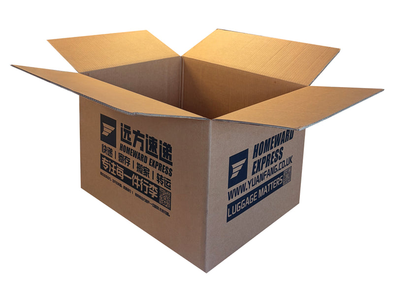 A printed, strong double wall box measuring 560mm x 448mm x 355mm